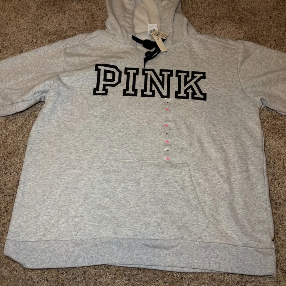 Victoria Secret NWT Pink hooded Quarter Zip SIZE XL heathered silver w/logo - Picture 2 of 12